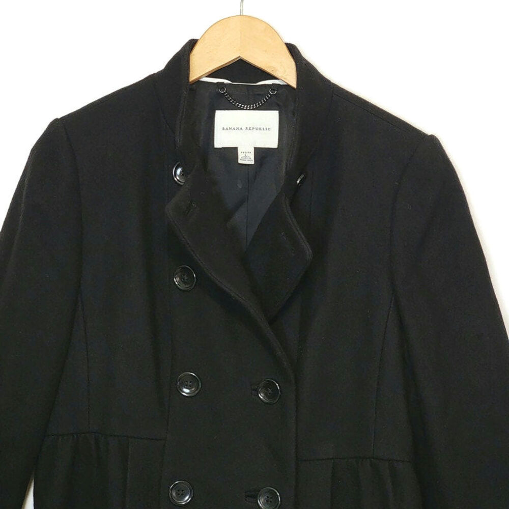 Banana Republic Wool Double Breasted Princess Coat Black Mid Length PL Classic - Picture 2 of 16